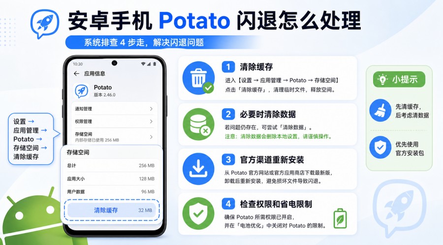 Potato 安卓闪退时清缓存和检查权限