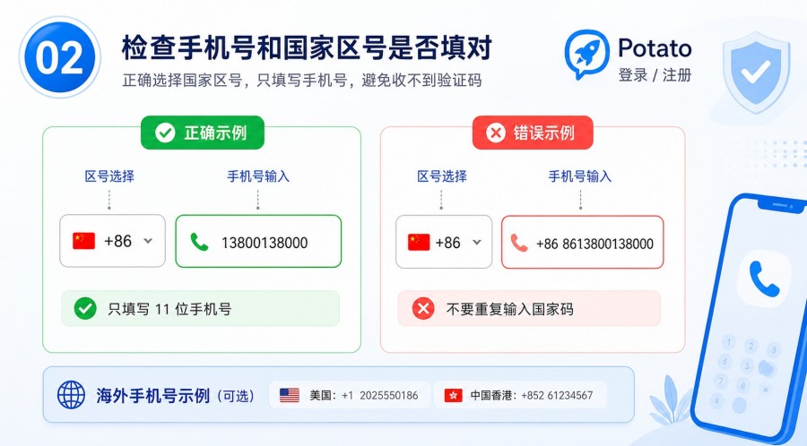 Potato 验证码排查时核对手机号和国家区号格式